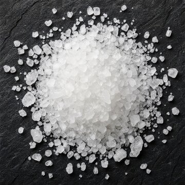 Sea salt crystals piled on dark stone surface  