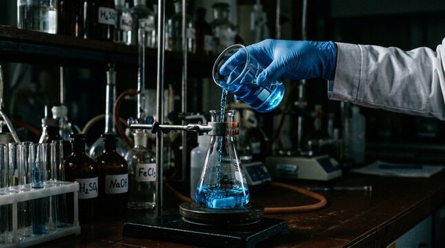 Scientist pouring blue chemical liquid from beaker into flask in laboratory