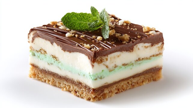 Delicious mint chocolate layered dessert slice presented on white background, showcasing rich textures and fresh garnish