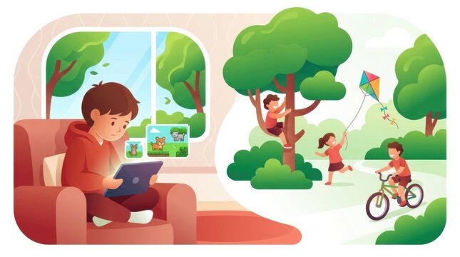 Children engage with screens while others play outdoors with bikes and kites in a bright, green park setting.