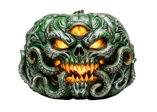 Spooky monster pumpkin carving with glowing eyes and tentacles isolated on transparent background