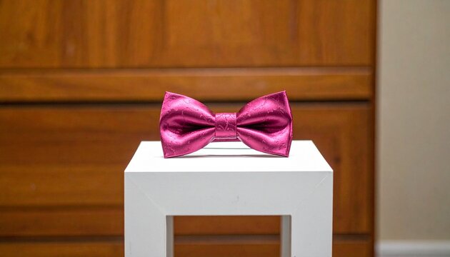 Elegant magenta silk bow tie with intricate floral pattern on a white stand against a wooden background