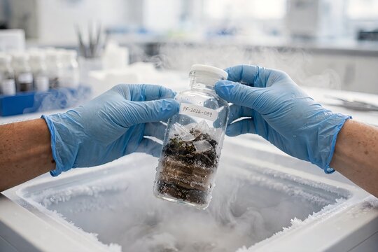 Hands of a Caucasian scientist wearing blue gloves holding a frozen glass bottle with a soil and plant sample over liquid nitrogen vapor in a laboratory setting for preservation research