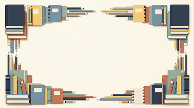 A flatlay of a rectangular frame made from stacks of colorful notebooks, books, and pencils, arranged in the four corners of a light beige background, leaving a large empty center space