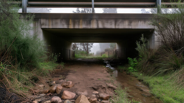 Concrete bridge overpass with stream and dirt path under misty conditions