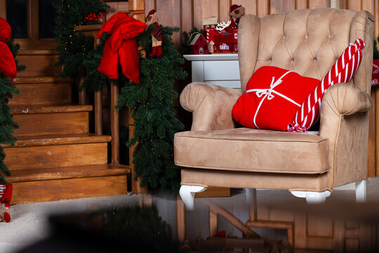 Cozy Christmas cottage interior with festive decorations and gifts ready for holidays