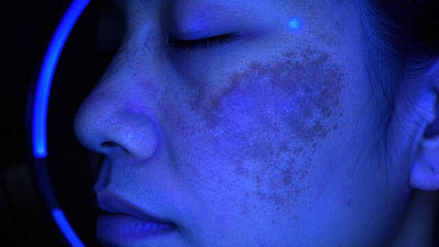 Close-up of human face with skin discoloration and pigmentation under blue light for dermatology analysis