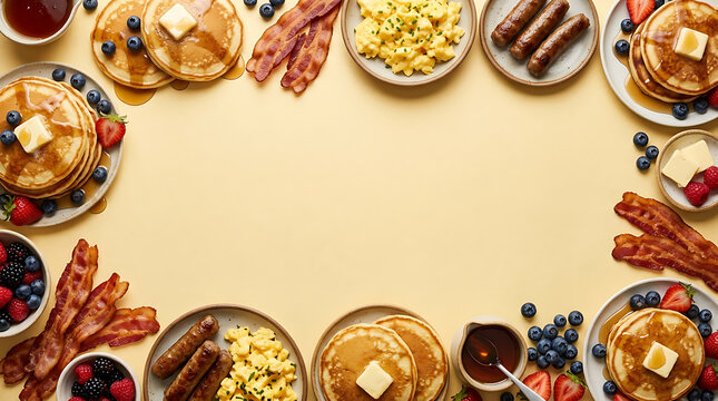 A top-down view of a breakfast table filled with plates of pancakes with butter, crispy bacon, scrambled eggs, sausages, toast, and fresh berries arranged in a circular frame on a yellow background