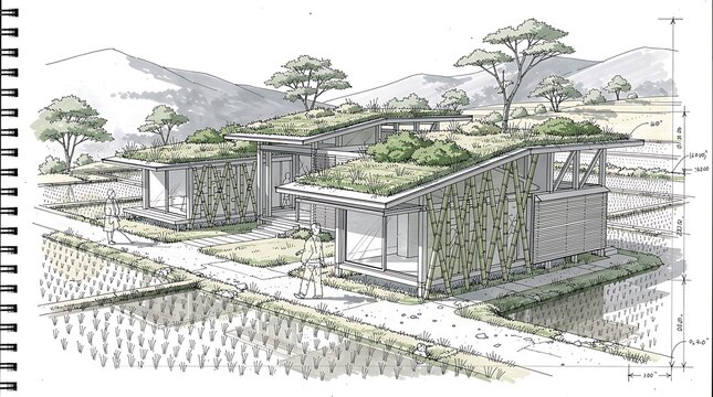 A detailed architectural sketch depicts a modern eco-friendly house with a green roof.