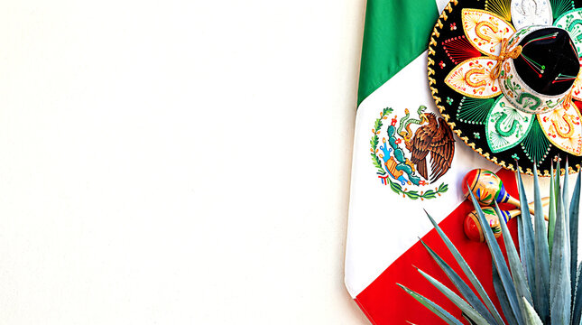 Mexican flag with traditional sombrero, maracas, and agave plant on a white background with copy space