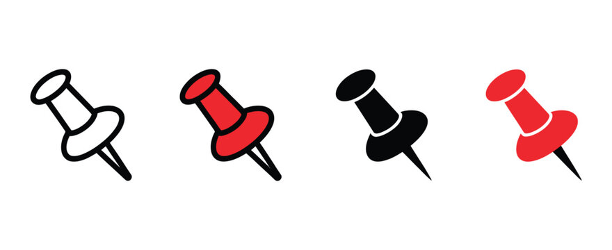 Push Pin Icon Set, Thumbtack and Location Pin Symbols for Office, Planning, Notes, Maps and Digital Interface Design