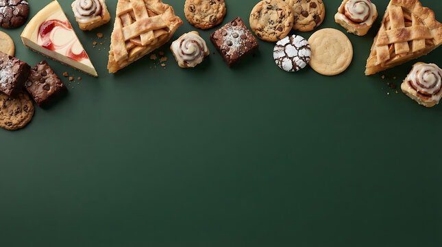 An assortment of various sweet desserts including cheesecake slices, apple pie, chocolate brownies, cinnamon rolls, and cookies arranged along the edge of a dark green background, surface area
