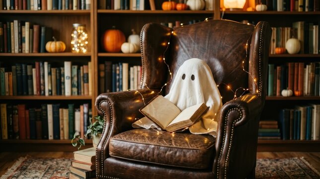 Cute little ghost sitting in a brown leather armchair reading an open vintage book in a cozy library decorated with autumn pumpkins and warm fairy lights for Halloween