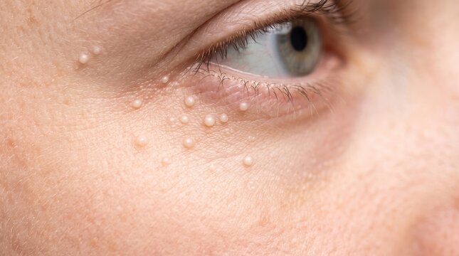 Macro photography of milia tiny white keratin cysts under human lower eye lid