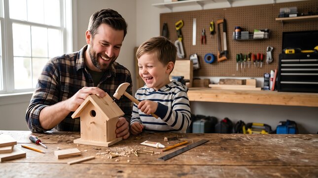 Smiling father and young son building a wooden birdhouse together with a hammer in a bright home workshop studio area
