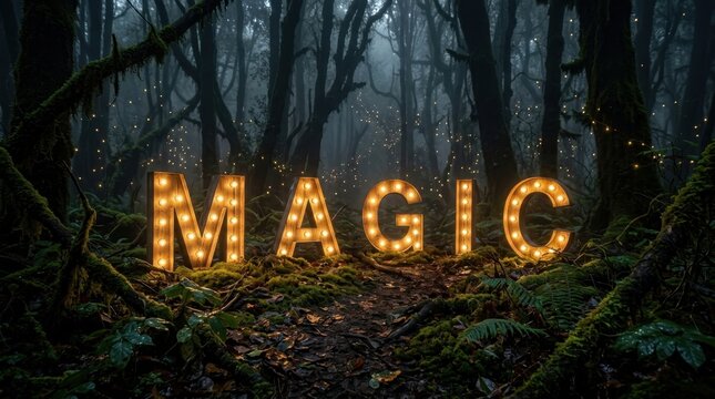 Glowing wooden marquee letters spelling the word MAGIC with warm light bulbs, standing on mossy ground in a dark, mystical forest with floating fireflies and foggy trees at night.