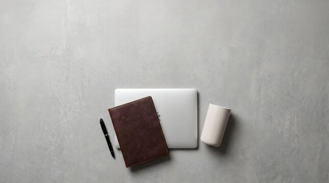 Sleek laptop with brown leather notebook and black fountain pen placed neatly beside ceramic cup on light gray concrete surface