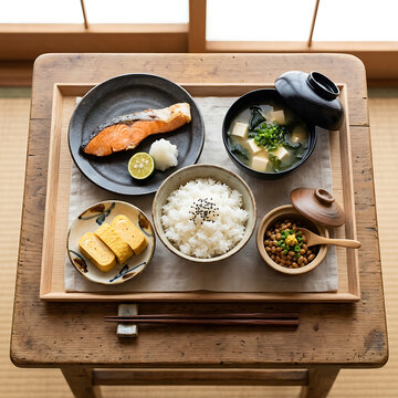 Traditional japanese breakfast set with grilled salmon and miso soup