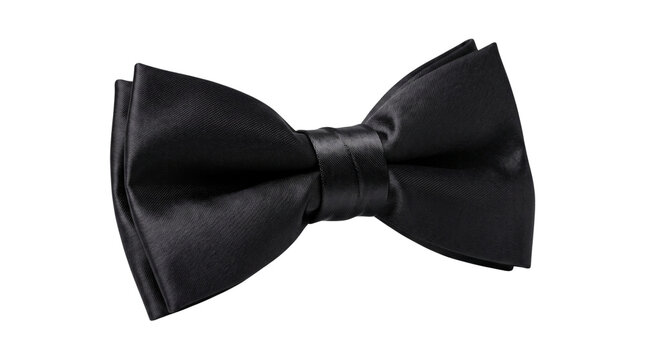 Formal black bow tie lies flat against an isolated transparent background for menswear styling.