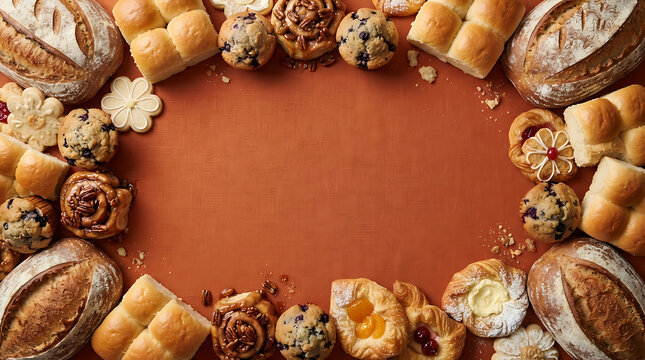 Assortment of baked goods including bread, muffins, and pastries arranged in a border on a brown surface