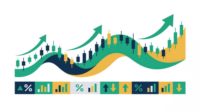 Financial market index and bullish trend wave header flat vector illustration