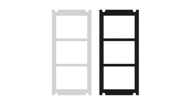 Vintage film strip icons in black and white, cinema negative frames for photography, retro movie reel border graphics isolated on Transparent Background
