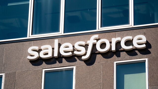 Stockholm, Sweden - 2026.07.31: The logotype of Salesforce, an American cloud-based software company, attached to a building facade in Stockholm city center.  