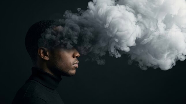 Side view of a person in dark clothing with a cloud of smoke obscuring their face against a black background.