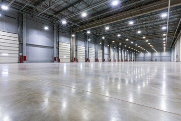 Obraz premium The Warehouse Interior: Expansive Open Space with Bright Overhead Lighting