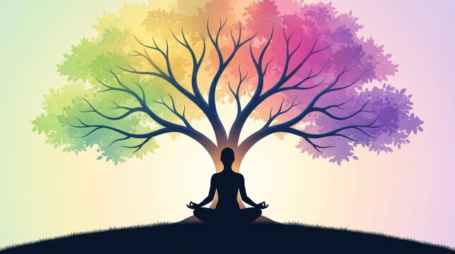 A person meditates under a vibrant tree with a colorful gradient of leaves. The scene evokes peace and contemplation.