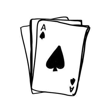 Hand drawn sketch of four stacked playing cards with ace of spades on white background