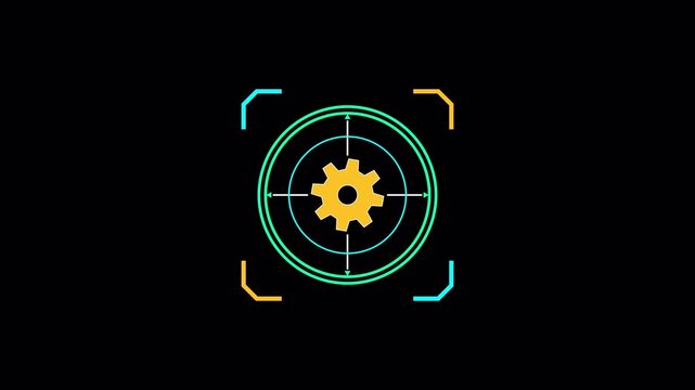 Futuristic heads up display gear icon scanning animation with glowing cyan and orange interface elements for technology motion graphics 4K animation alpha chanel
