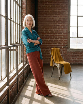 Elegant mature woman standing by industrial window in sunlit loft with warm natural light