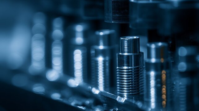 Blue metallic threaded rods and components arranged in a row, representing industrial machinery and technical precision