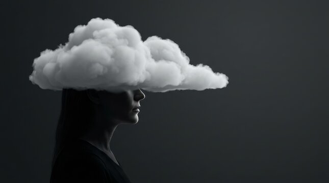 Profile of a woman with a cloud over her head, set against a dark background. Captures a surreal, imaginative concept.