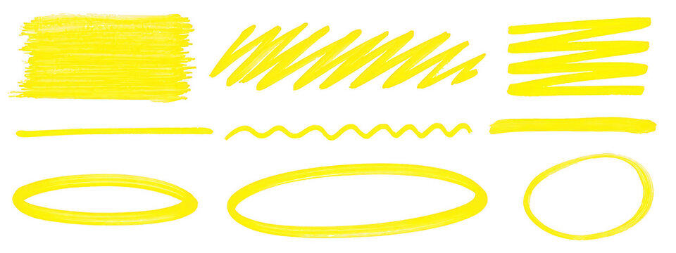Collection of yellow highlighter pen strokes, marker lines, and hand drawn circles.