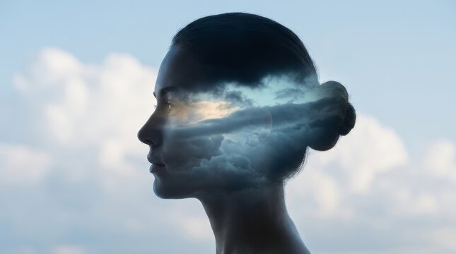 A woman's profile with clouds overlaid, conveying introspection and dreaminess.
