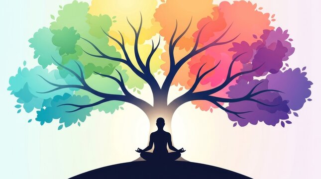 A meditator sits beneath a colorful tree with rainbow foliage, conveying peace and mindfulness.
