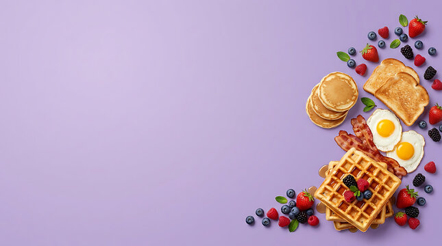 Breakfast food arrangement featuring waffles, pancakes, fried eggs, bacon, toast, blueberries, strawberries, and blackberries on a solid light purple background