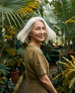 Serene mature woman smiling among palm fronds inside glass greenhouse with warm natural light