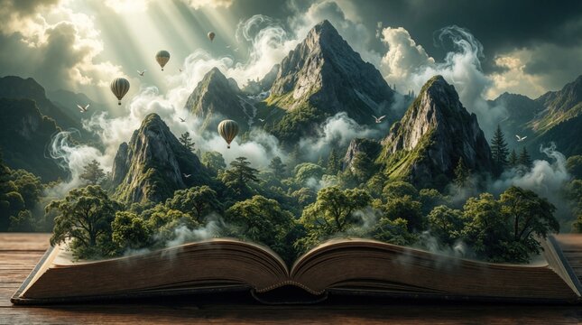 Magical landscape grows from open book pages. Majestic mountains, rich green forests, misty clouds emerge in fantasy world. Hot air balloons fly above peaks under bright sun rays. Dreamy adventure