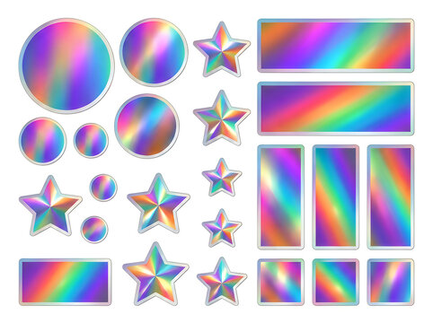 Collection of holographic stickers with stars circles and rectangles for graphic design projects.