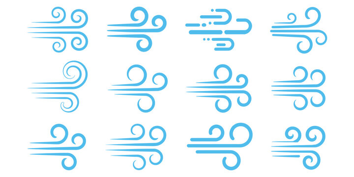Wind Icon Set, Black Silhouette Airflow Symbols for Weather, Breeze, Wind Energy and Natural Climate Designs