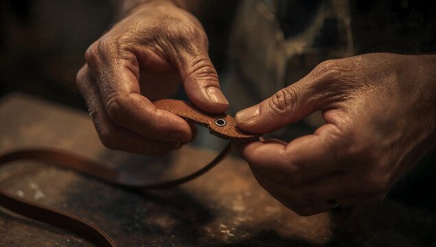 Artisan craftsman working with leather in a workshop using tools to create a handmade item