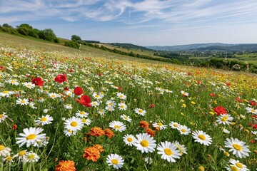 Obraz premium The Meadow of Wildflowers Beneath a Bright Sky and Rolling Hills
