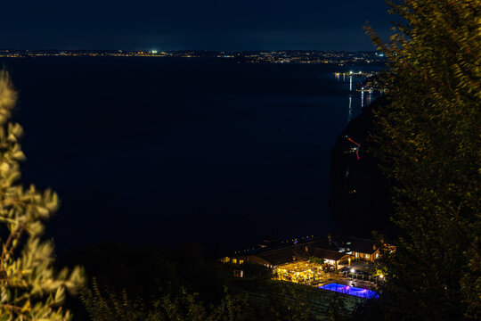 Tignale on Lake Garda at night from a bird's-eye view in Italy, Europe