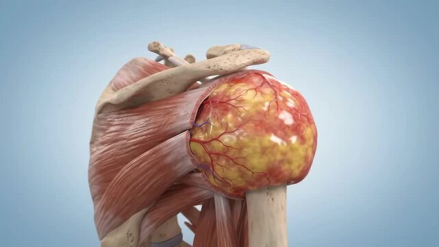 Medical illustration of a shoulder joint affected by bursitis, showing inflammation and swelling of the bursa.
