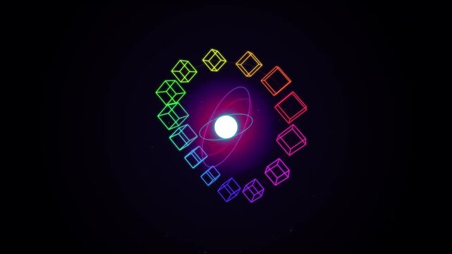 Abstract Glowing Geometric Cube Orbit Animation Featuring A Radiant Central Light Core Set Against A Deep Dark Minimalist Background