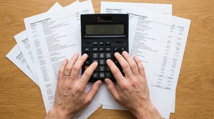 Fototapeta premium Hands using a calculator over financial expense reports on wooden desk