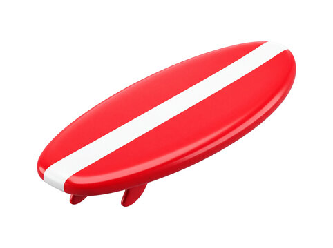 Red surfboard with white stripe floating on grey background